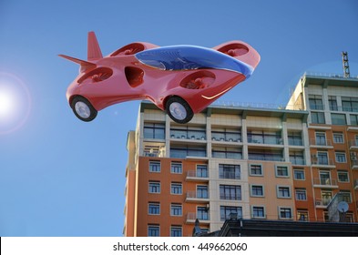 Red Air Car Flying In The City, Flying High-speed Vehicle Of The Future, Futuristic Vehicle, Air Car Concept - 3D Rendering