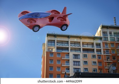 Red Air Car Flying In The City, Flying High-speed Vehicle Of The Future, Futuristic Vehicle, Air Car Concept - 3D Rendering