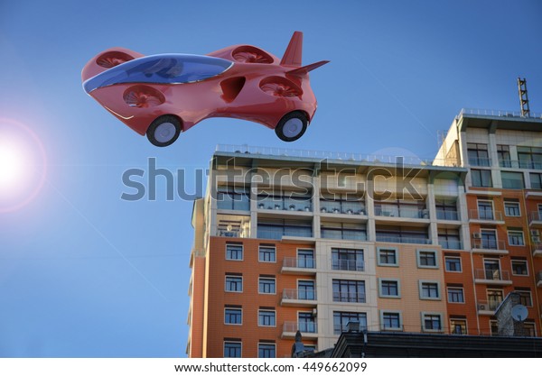 Red Air Car Flying In The City, Flying\
High-speed Vehicle Of The Future, Futuristic Vehicle, Air Car\
Concept - 3D\
Rendering
