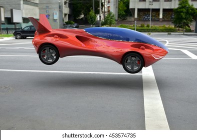 Red Air Vehicle At The Parking Lot, Urban  Flying Car 3d Concept, Futuristic Vehicle, Air Car Concept - 3D Rendering