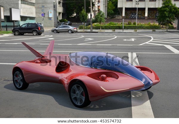 Red\
Air Vehicle At The Parking Lot, Urban  Flying Car 3d Concept,\
Futuristic Vehicle, Air Car Concept - 3D\
Rendering