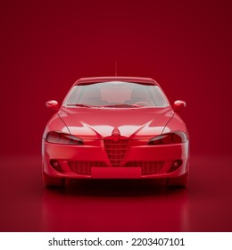 Red Alfa Romeo 147 3 Door . Monochrome Single Color Red Car From Front View, 3D Rendering, No People