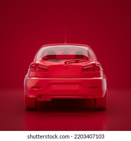 Red Alfa Romeo 147 3 Door . Monochrome Single Color Red Car From Back View, 3D Rendering, No People