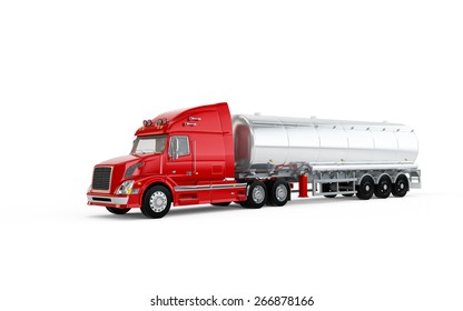 Red american truck with big cistern isolated on white background