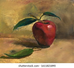 Red apple   greenery hand drawn oil illustration  Ripe fruit   green leaves still life multicolored background  Fresh apple  healthy food  fruit crop twig   leafage acrylic painting