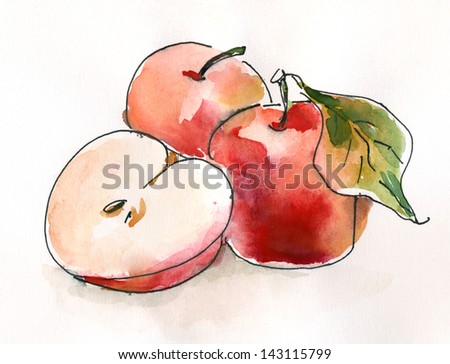 Red apples. Still life. Watercolor painting. Sketchy style.watercolor painting