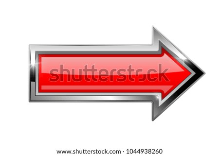 Red arrow with bold chrome frame. 3d shiny icon. Illustration isolated on white background. Raster version