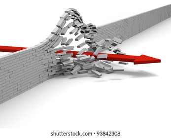 Red arrow breaking through brick wall, concept of success, breakthrough, achievement