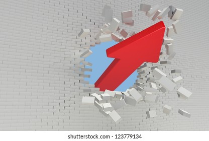 Red Arrow breaks a brick wall. Sky in the background