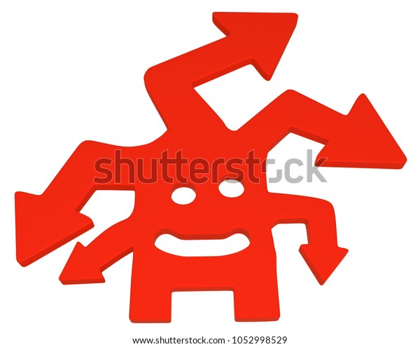 Red arrow cartoon figure smiling, 3d illustration,\
horizontal, over\
white