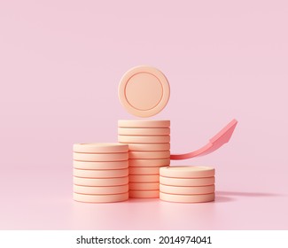 Red up arrow and coin stacks on pink background. Financial success and growth concept. 3d render illustration