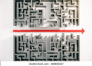 Red Arrow Cutting Through A Complicated Maze. 3D Rendering