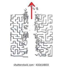 Red Arrow Cutting Through Maze. 3D Illustration