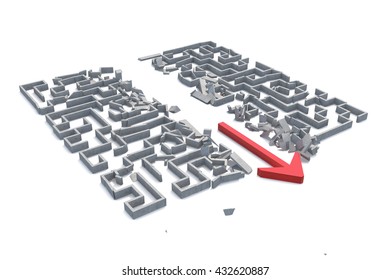 Red Arrow Cutting Through Maze. 3D Illustration