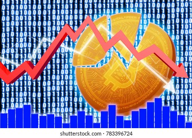 Red Arrow Down With Crack Bitcoin And Background Patterm Number 0 And 1. 