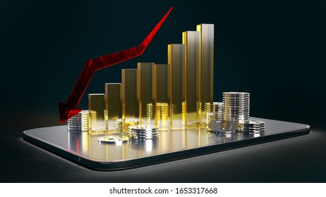  red Arrow pointing down on graph 3d rendering image for business content.
