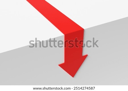 Red arrow is pointing down over a cliff, representing failure and decline in business. 3D render