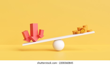 Red Arrows On Scales Board That Are Heavier Than Pile Of Coins. Concept Of Foreign Exchange Risk Management. Financial Risk Assessment Balance And Investment, Business Style. 3D Rendering Illustration