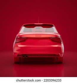 Red Audi A1 2010. Monochrome Single Color Red Car From Back View, 3D Rendering, No People