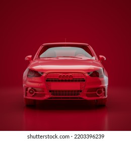 Red Audi A1 2010. Monochrome Single Color Red Car From Front View, 3D Rendering, No People