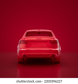 Red Audi A6 Sedan 2011. Monochrome Single Color Red Car From Back View, 3D Rendering, No People