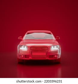 Red Audi A6 Sedan 2011. Monochrome Single Color Red Car From Front View, 3D Rendering, No People