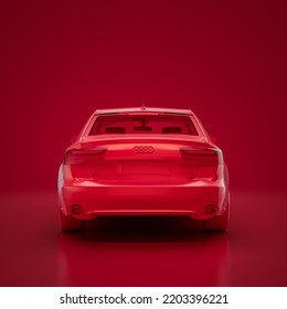 Red Audi A6 Sedan 2012. Monochrome Single Color Red Car From Back View, 3D Rendering, No People