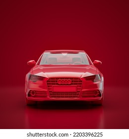 Red Audi A6 Sedan 2012. Monochrome Single Color Red Car From Front View, 3D Rendering, No People