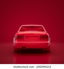 Red Audi A8 D2 1999. Monochrome Single Color Red Car From Back View, 3D Rendering, No People