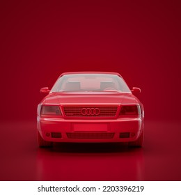 Red Audi A8 D2 1999. Monochrome Single Color Red Car From Front View, 3D Rendering, No People