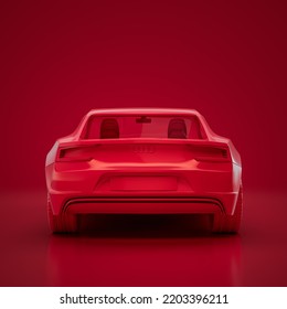 Red Audi E Tron 2010. Monochrome Single Color Red Car From Back View, 3D Rendering, No People