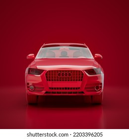 Red Audi Q3 2011. Monochrome Single Color Red Car From Front View, 3D Rendering, No People