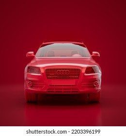 Red Audi Q5 2008. Monochrome Single Color Red Car From Front View, 3D Rendering, No People