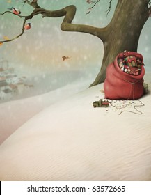 Red bag and gifts for Christmas in the winter forest
