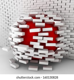 Red ball moving through brick wall. 3d illustration