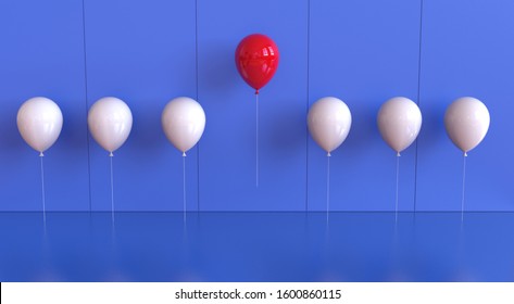 Red Ballon Stand Out From The Crowd White Balloons On Blue Background. 3d Rendering