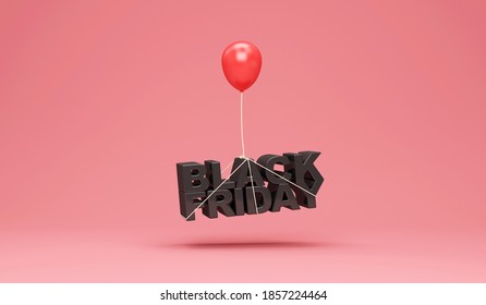 Red balloon with a Black Friday symbol on pink studio background. Sale Concept.  3D Rendering