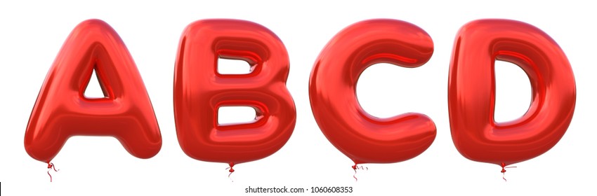 Red Balloon Font A,B,C,D Made Of Realistic Metallic Air Balloon 3d Rendering. Collection Of Brilliant Balloons Alphabet With Clipping Path Ready To Use For Your Unique Decoration In Several Occasion