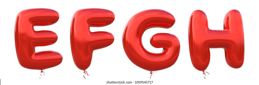 Red Balloon Font E,F,G,H Made Of Realistic Metallic Air Balloon 3d Rendering. Collection Of Brilliant Balloons Alphabet With Clipping Path Ready To Use For Your Unique Decoration In Several Occasion