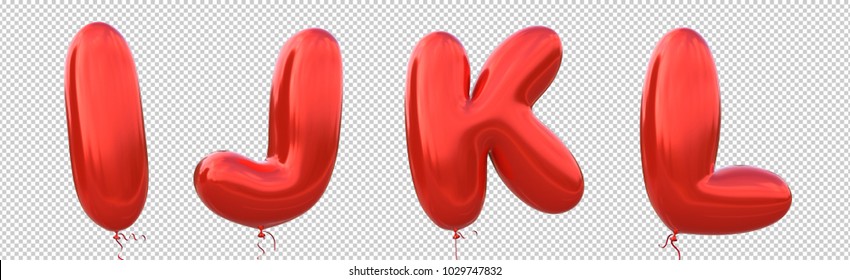 Red Balloon Font I,J,K,L Made Of Realistic Metallic Air Balloon 3d Rendering. Collection Of Brilliant Balloons Alphabet With Clipping Path Ready To Use For Your Unique Decoration In Several Occasion