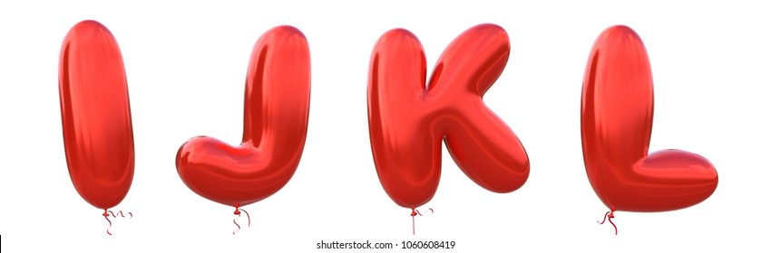 Red Balloon Font I,J,K,L Made Of Realistic Metallic Air Balloon 3d Rendering. Collection Of Brilliant Balloons Alphabet With Clipping Path Ready To Use For Your Unique Decoration In Several Occasion