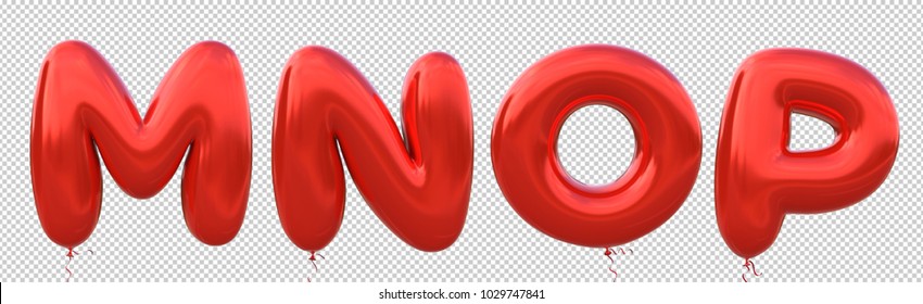 Red Balloon Font M,N,O,P Made Of Realistic Metallic Air Balloon 3d Rendering. Collection Of Brilliant Balloons Alphabet With Clipping Path Ready To Use For Your Unique Decoration In Several Occasion