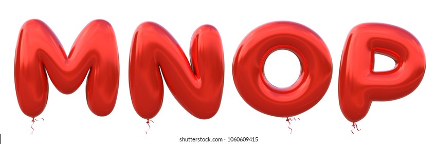 Red Balloon Font M,N,O,P Made Of Realistic Metallic Air Balloon 3d Rendering. Collection Of Brilliant Balloons Alphabet With Clipping Path Ready To Use For Your Unique Decoration In Several Occasion