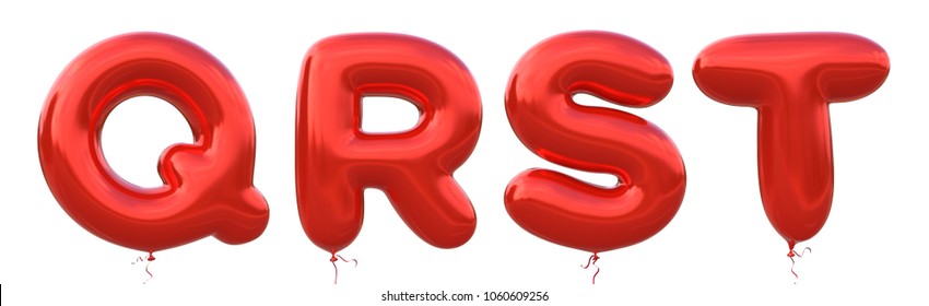 Red Balloon Font Q,R,S,T Made Of Realistic Metallic Air Balloon 3d Rendering. Collection Of Brilliant Balloons Alphabet With Clipping Path Ready To Use For Your Unique Decoration In Several Occasion