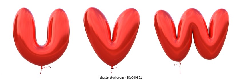 Red Balloon Font U,V,W Made Of Realistic Metallic Air Balloon 3d Rendering. Collection Of Brilliant Balloons Alphabet With Clipping Path Ready To Use For Your Unique Decoration In Several Occasion