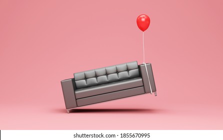Red balloon with a Leather Sofa on pink studio background. 3D Rendering