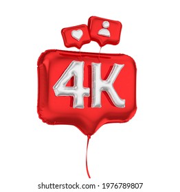 Red balloons in celebration of 4k followers. Like balloon. 3d illustration