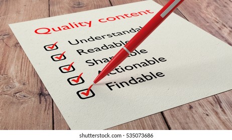 Red ballpen crossing off items from a checklist with quality content characteristics 3D illustration - Powered by Shutterstock