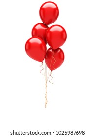 Red Baloons With Gold Ribbons Isolated On White Background. 3D Illustration Of Celebration, Party Baloons