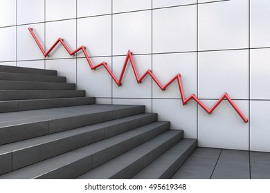 A Red Bannister (handrail) Formed Like A Decreasing Line Chart And Following A Staircase To Illustrate Negative Business Results And Stock Market Concepts. 3D Rendering.